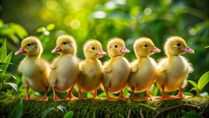 A row of six adorable baby yellow ducklings stand together in a line, surrounded by lush green spring foliage scenery.