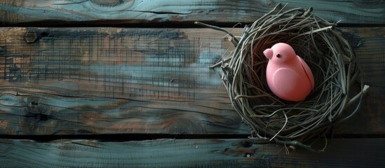 Poster - A pink bird sitting on an Easter egg in a nest against a dark wooden background with ample copy space image.