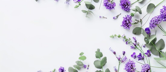 Poster - Purple flowers and eucalyptus leaves on a white background create a floral arrangement in a flat lay style with a top view showcasing a copy space image.