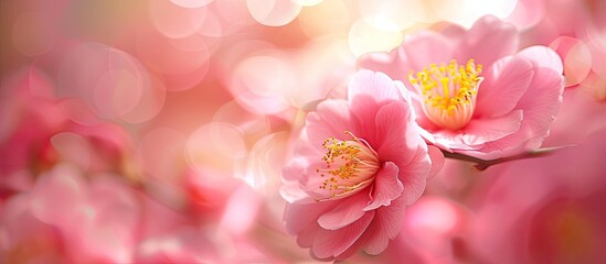 Canvas Print - Blurred pink camellia and yellow stamens create a floral background with copy space image.