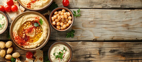 Sticker - Various delectable hummus varieties presented on a wooden surface in a flat lay composition, featuring copy space for text.