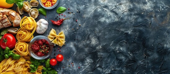 Poster - Pasta and ingredients displayed on a stone background with copy space image.