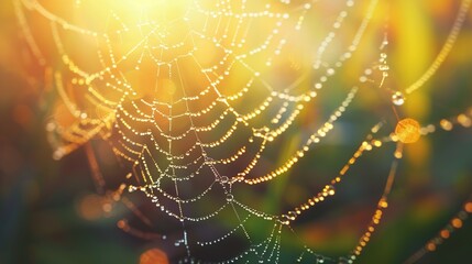 Morning dew on spider webs on a tree trunk with soft, hazy warm morning sunlight in the background