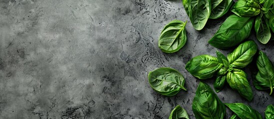 Poster - Flat lay arrangement with lush green basil leaves on a gray surface, providing room for text in the image.