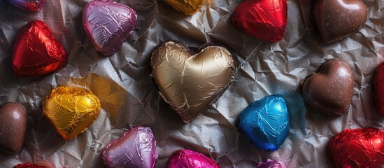 Wall Mural - A colorful chocolate heart lies on a Valentine's Day-themed wrapper, suitable for a copy space image.