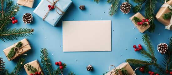 Poster - Holiday-themed background with a blank note, fir branches, gifts on blue backdrop. Includes copy space image.