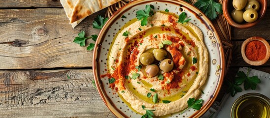 Aufkleber - A classic Middle Eastern dish of hummus presented on a vintage ceramic plate with olives, herbs, and pita bread, drizzled with olive oil and paprika, shown in a top-down view with copy space image.