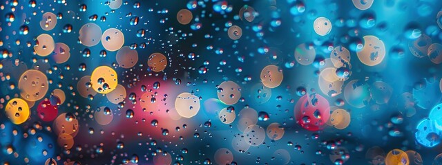 Wall Mural - Blurred image of raindrops on a car window with colorful lights at night.