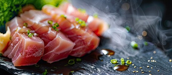 Poster - Delicious Japanese cuisine featuring tuna fish Maguro and succulent scallop, displayed in a copy space image.