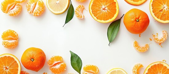 Poster - Close-up photo of fresh citrus fruits such as orange mandarins, tangerine peel, or mandarin slices on a white background with copy space image.