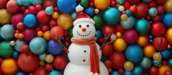 Poster - Snowman adorned with colorful Christmas balls on a vibrant decorative backdrop, providing space for additional images.