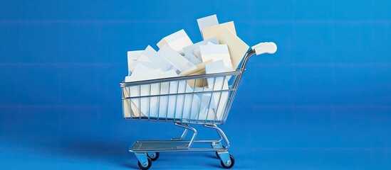 White envelopes sit in a shopping cart against a blue backdrop, creating a copy space image.