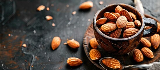 Poster - Copy space image of almonds on a wooden cup and spoon.