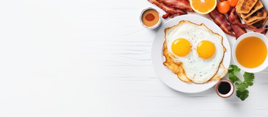 Aufkleber - Top view of a complete American breakfast on a white background with copy space image. The meal includes sunny-side-up eggs, crispy bacon, hash browns, pancakes, toast, orange juice, and coffee.