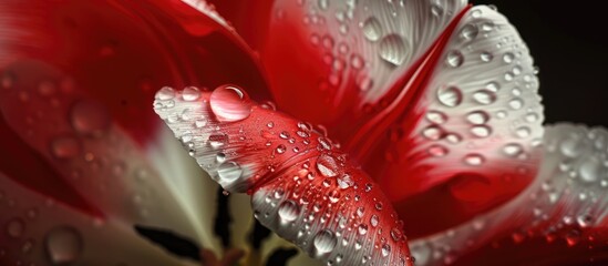 Poster - Macro photo of a red and white tulip with water droplets, ideal for postcards or templates with abundant copy space image.
