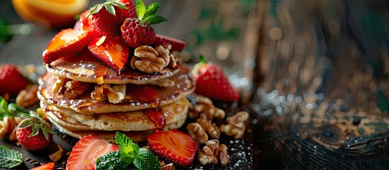 Aufkleber - Close-up of mini pancakes topped with strawberries, nuts, mint, and orange on a dark brown wooden table with a copy space image.