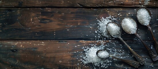 Aufkleber - Sea salt spoons on a rustic wooden table with ample copy space image.