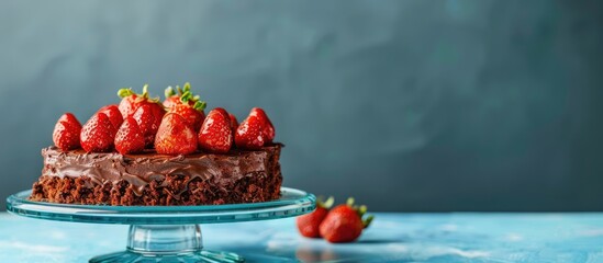 Poster - Chocolate cake adorned with strawberries on glass plate, set against a blue backdrop with a blank area for additional content.