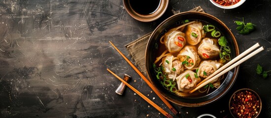 Wall Mural - Table with a soup bowl containing dumplings and meat, positioned for a copy space image.