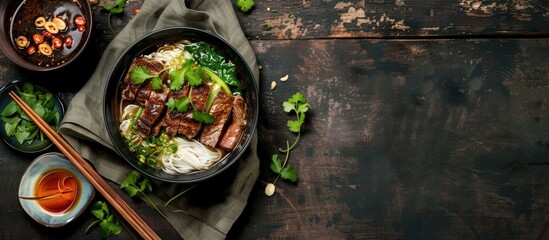 Poster - Delicious Vietnamese Gio Bo Beef served in Pho with rice noodles, with a beautiful copy space image.
