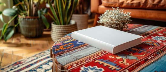 Sticker - Mockup of a book on a coffee table with decorations and a colorful rug, showcasing a template cover with copy space image.