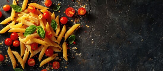 Poster - A top-down shot of penne rigate pasta with cherry tomatoes and basil on a dark, textured background, featuring a designated area for text and allowing for customization with a copy space image.