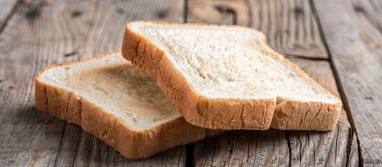 Poster - Two slices of white bread on a wooden table, perfect for breakfast, delicious, soft, and enjoyable with butter, jam, or for creating sandwiches. Ideal for a copy space image.