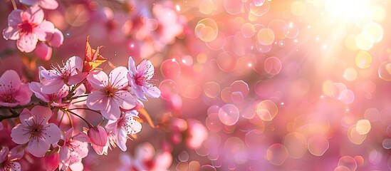 Poster - Springtime pink cherry blossom flowers blooming with a natural sunny blurred garden as a background for a copy space image.