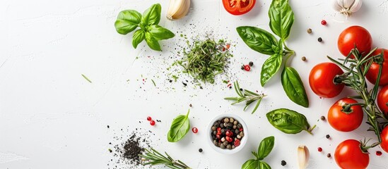 Sticker - Fresh basil, rosemary, vegetables, and spices set on a white kitchen table in a top view photograph with ample copy space, perfect for cooking healthy meals.