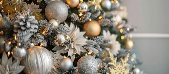 Sticker - Festively adorned Christmas tree with an abundance of silver and gold ornaments, highlighting a space for additional imagery. Christmas decor with copy space image.