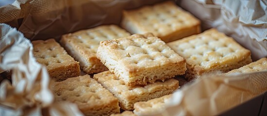 Poster - Close-up of shortbread cookies in a box, serving as a background for copy space image.