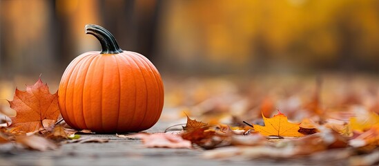 Poster - A pumpkin rests on colorful autumn leaves with a blank space for an image.