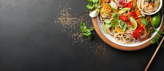 Poster - Top view of healthy Asian noodles and vegetables ideal for vegan and vegetarian diets, displayed with panoramic style and room for copy space image.