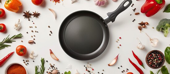Aufkleber - A cooking mockup featuring a frying pan surrounded by an assortment of spices and vegetables on a white desk, with space for customizing the image.