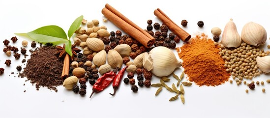 Poster - Various spices arranged with blank space for text on a white background for product showcasing or advertisement purposes.