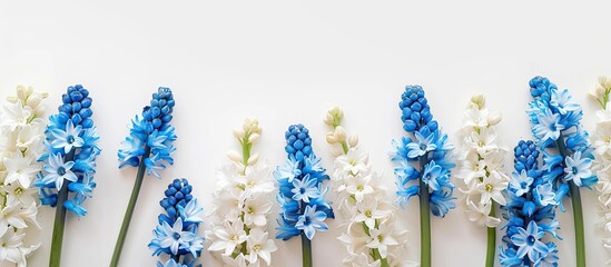 Poster - Top view of blue and white hyacinths on a white background, perfect for a spring or Easter holiday card with space for adding text or images.