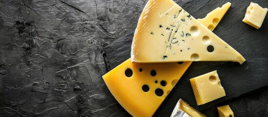 Poster - Cheese slices looking delicious against a dark backdrop with copy space image.