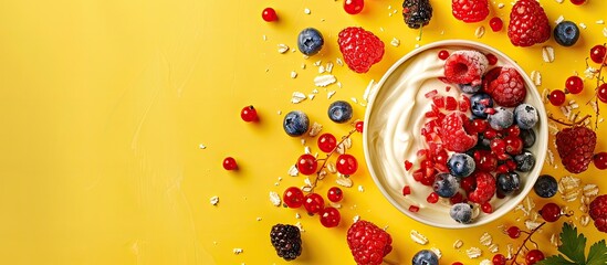 Aufkleber - Russian food called Syrniki portrayed with berries and sour cream on a yellow background, creating a copy space image.