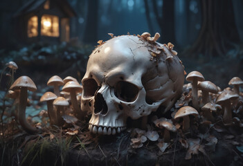 Wall Mural - Close-up of a magical decaying skull with glowing mushrooms at night, blurred background