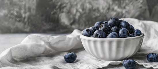 Poster - Wide photo of a white bowl filled with fresh blueberries on a linen napkin with spacious copy space image.