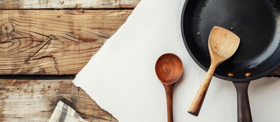 Sticker - A wooden spoon and a frying pan are displayed on a wooden surface alongside a white sheet of paper with copy space image.