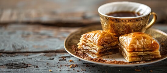 Aufkleber - Selective focus on a cup of Turkish coffee and baklava creates an enticing image with room for text.