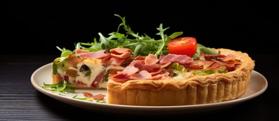 Aufkleber - French and Italian cuisine captured in a vegetable and bacon pie. The dish includes potatoes, cherry tomatoes, onions, bacon, arugula, and spices on a white background for a copy space image.