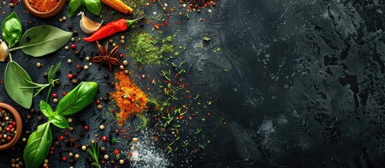 Poster - Variety of spices and herbs arranged on a black surface with copy space image.