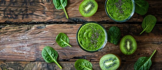 Sticker - Smoothie made of spinach and kiwi displayed on a wooden backdrop with copy space image.