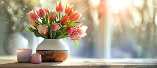 Poster - A beautiful spring bouquet of tulips on a table with an aroma oil diffuser lamp, set against a blurred background providing a serene ambiance. Includes copy space image.