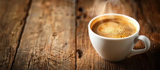 Aufkleber - Steaming cup of coffee resting on a wooden table with copy space image.