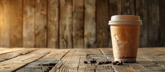 Sticker - Coffee to-go cup placed on wooden surface with room for text or advertisement in the background.