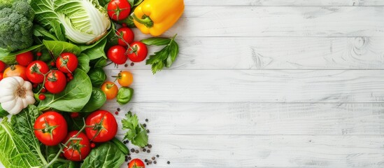 Poster - A fresh vegetable arrangement on a white wooden surface, illustrating a healthy food concept with copy space image, captured from an overhead perspective.