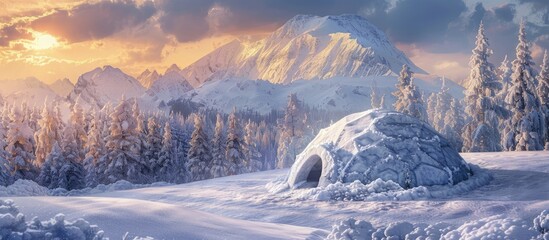 Sticker - Mountain winter landscape showing a snow igloo, a shelter for intrepid adventurers, with a picturesque backdrop and copy space image available.